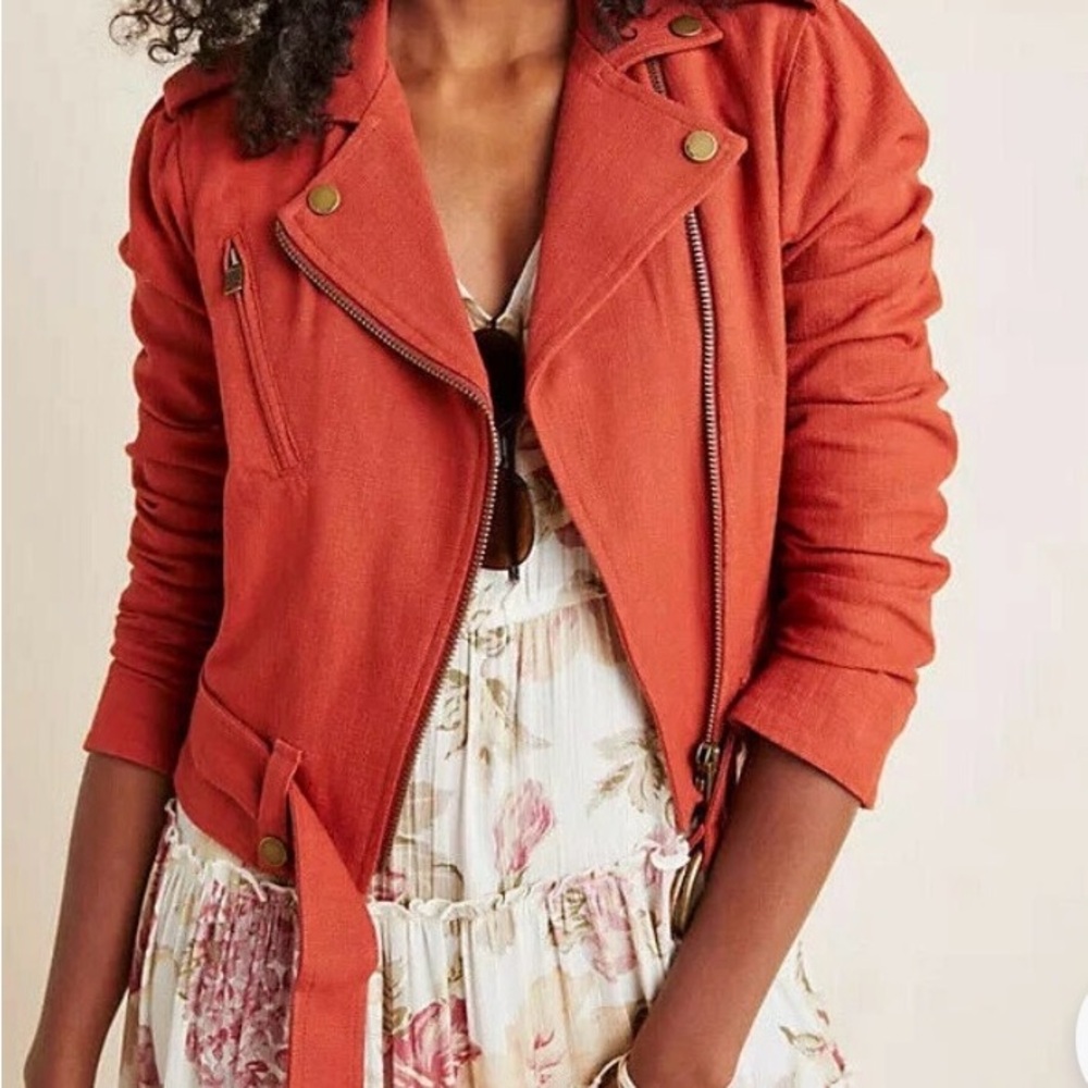 Anthropologie  x FRYE dark burnt orange belted waist  Moto Utility Jacket sz Lg